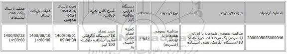 مناقصه عمومی همزمان با ارزیابی (فشرده) یک مرحله ای خرید تعداد 718دستگاه آبگرمکن نفتی  ایستاده 