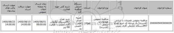 مناقصه عمومی همزمان با ارزیابی (فشرده) یک مرحله ای خرید تعداد 947دستگاه آبگرمکن گازی زمینی