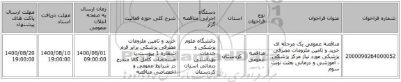 مناقصه عمومی یک مرحله ای خرید و تامین ملزومات مصرفی پزشکی مورد نیاز مرکز پزشکی ، آموزشی و درمانی بعثت نوبت سوم