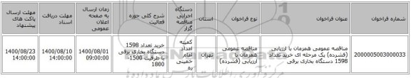 مناقصه عمومی همزمان با ارزیابی (فشرده) یک مرحله ای خرید تعداد 1598 دستگاه بخاری برقی 