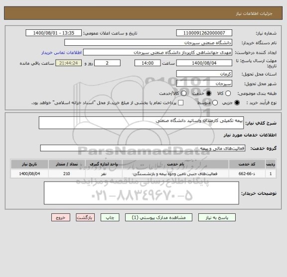 استعلام بیمه تکمیلی کارمندان واساتید دانشگاه صنعتی 