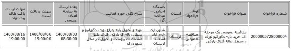 مناقصه عمومی یک مرحله ای خرید پایه دکوراتیو نوری و سطل زباله فلزی پارکی