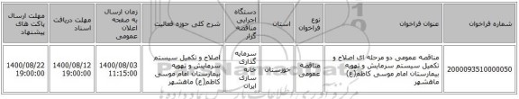 مناقصه عمومی دو مرحله ای اصلاح و تکمیل سیستم سرمایش و تهویه بیمارستان امام موسی کاظم(ع) ماهشهر