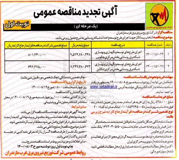 تجدید مناقصه عمومی، تجدید مناقصه عمومی اجرای طرح های توسعه و نگهداری و بهسازی شبکه برق روستایی 