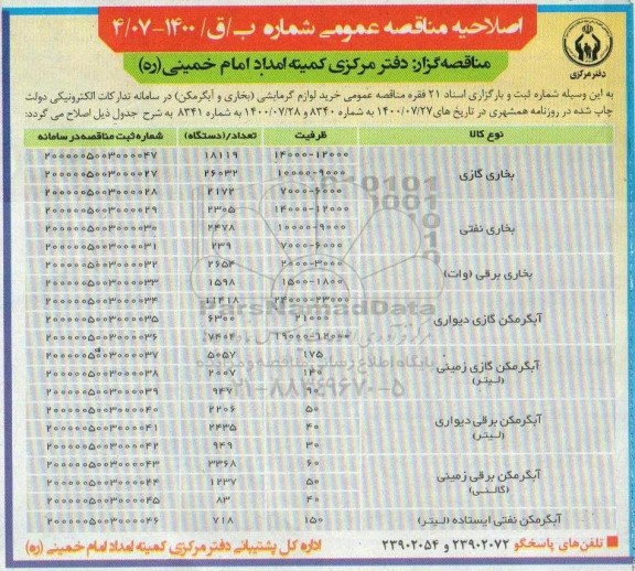 اصلاحیه مناقصه، اصلاحیه مناقصه خرید لوازم گرمایشی (بخاری و آبگرمکن) 