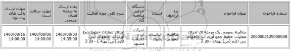 مناقصه عمومی یک مرحله ای اجرای عملیات خطوط جمع آوری آب چاههای نبی اکرم (ص) پهنهL - فاز 2 