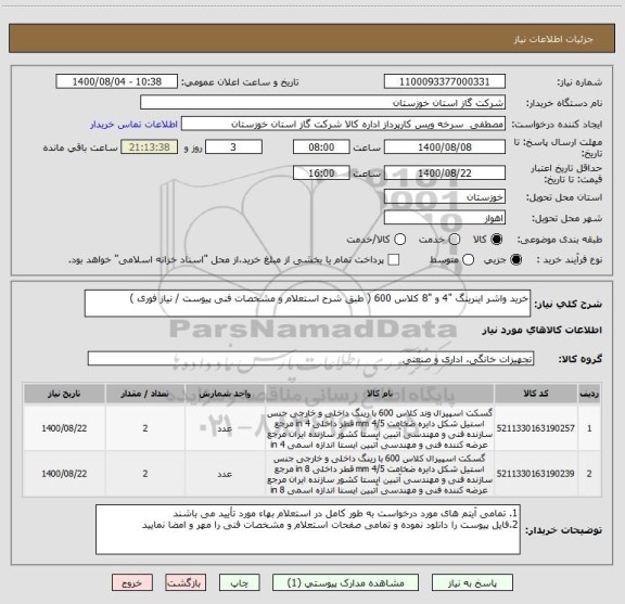 استعلام خرید واشر اینرینگ "4 و "8 کلاس 600 ( طبق شرح استعلام و مشخصات فنی پیوست / نیاز فوری )