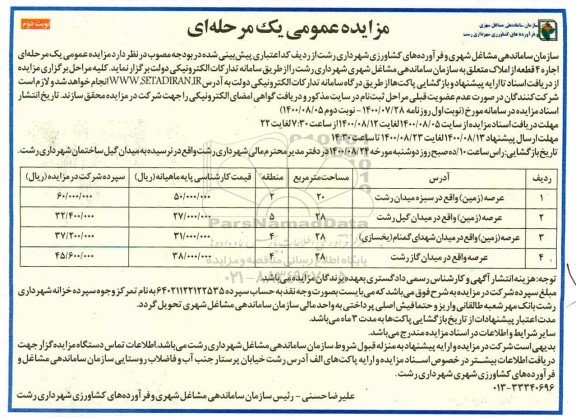 مزایده اجاره 4 قطعه از املاک نوبت دوم 