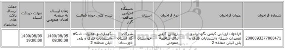 فراخوان ارزیابی کیفی نگهداری و تعمیرات شبکه وانشعابات فلزی و پلی اتیلن منطقه 2