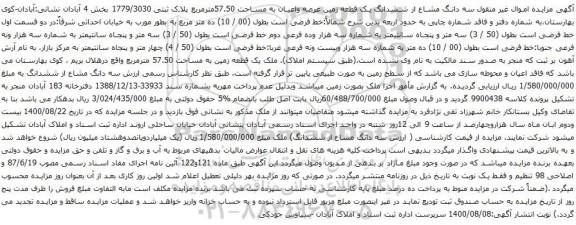 آگهی مزایده ششدانگ یک قطعه زمین عرصه واعیان به مساحت 57.50مترمربع پلاک ثبتی 1779/3030