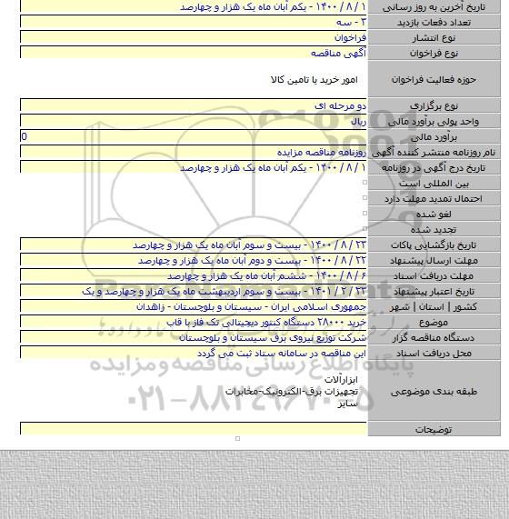 خرید ۲۸۰۰۰ دستگاه کنتور دیجیتالی تک فاز با قاب