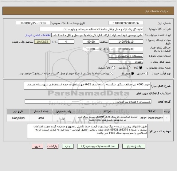 استعلام خرید 4000 تن مصالح سنگی شکسته با دانه بندی 25-0 جهت راههای حوزه استحفاظی شهرستان هیرمند 