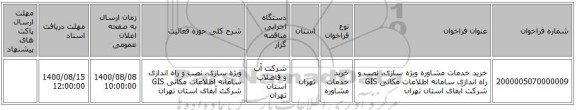 خرید خدمات مشاوره ویژه سازی، نصب و راه اندازی سامانه اطلاعات مکانی GIS  شرکت آبفای استان تهران