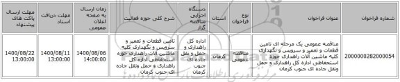 مناقصه عمومی یک مرحله ای تامین قطعات و تعمیر و سرویس و نگهداری کلیه ماشین آلات راهداری حوزه استحفاظی اداره کل راهداری و حمل ونقل جاده ای جنوب کرمان