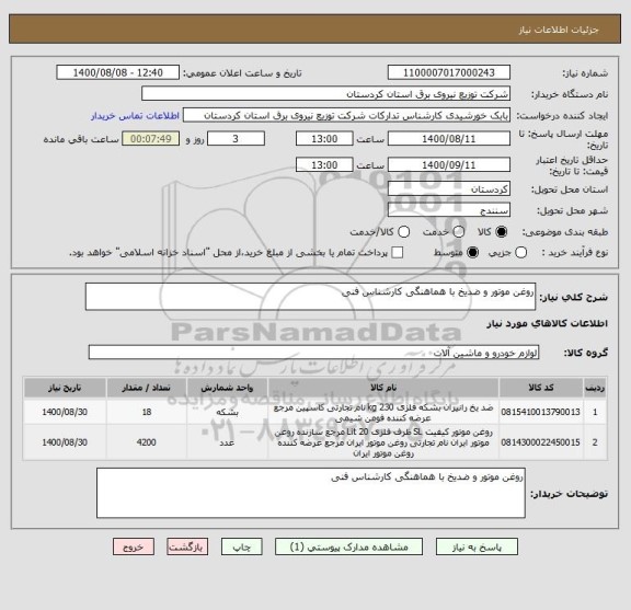 استعلام روغن موتور و ضدیخ با هماهنگی کارشناس فنی 