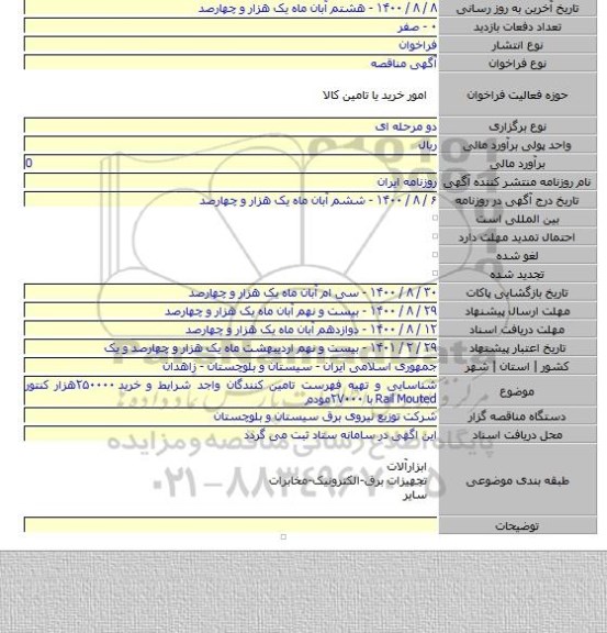 شناسایی و تهیه فهرست تامین کنندگان واجد شرایط و خرید ۲۵۰۰۰۰هزار کنتور Rail Mouted  با ۲۷۰۰۰مودم