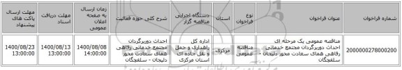 مناقصه عمومی یک مرحله ای احداث دوربرگردان مجتمع خدماتی رفاهی همای سعادت محور دلیجان - سلفچگان