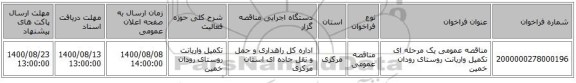 مناقصه عمومی یک مرحله ای تکمیل واریانت روستای رودان خمین