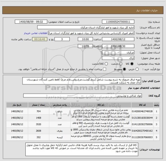 استعلام تهیه ارزاق ضروری به شرح پیوست شامل (برنج.گوشت.مرغ.روغن.تخم مرغ) /فقط تامین کنندگان شهرستان اراک مجاز به شرکت هستند.