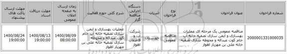 مناقصه عمومی یک مرحله ای عملیات بهسازی و ایمن سازی تصفیه خانه آب خام کوت عبداله و محوطه سازی تصفیه خانه علی بن مهزیار اهواز