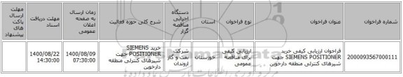 فراخوان ارزیابی کیفی خرید SIEMENS POSITIONER جهت شیرهای کنترلی منطقه دارخوین