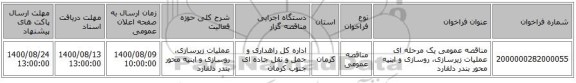 مناقصه عمومی یک مرحله ای عملیات زیرسازی، روسازی و ابنیه محور بندر دلفارد