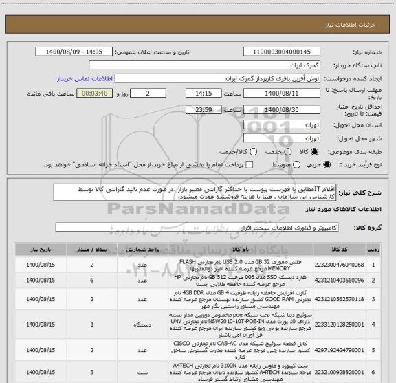 استعلام اقلام ITمطابق با فهرست پیوست با حداکثر گارانتی معتبر بازار .در صورت عدم تائید گارانتی کالا توسط کارشناس این سازمان ، عینا با هزینه فروشنده عودت میشود.