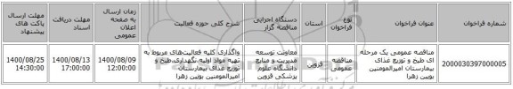 مناقصه عمومی یک مرحله ای طیخ و توزیع غذای بیمارستان امیرالمومنین بویین زهرا