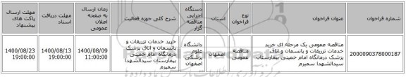 مناقصه عمومی یک مرحله ای خرید خدمات تزریقات و پانسمان و اتاق پزشک درمانگاه امام خمینی  بیمارستان سیدالشهدا سمیرم