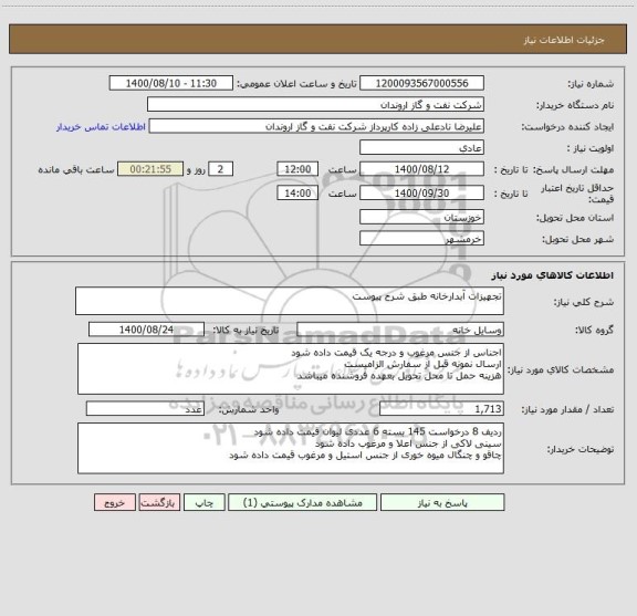 استعلام تجهیزات آبدارخانه طبق شرح پیوست