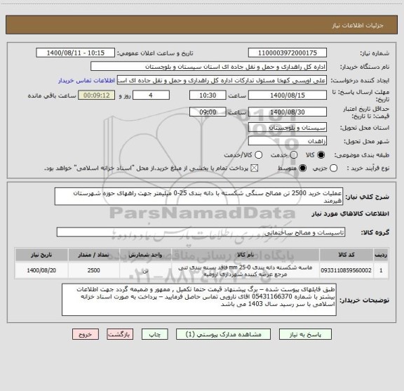 استعلام عملیات خرید 2500 تن مصالح سنگی شکسته با دانه بندی 25-0 میلیمتر جهت راههای حوزه شهرستان هیرمند 