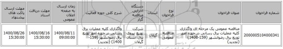 مناقصه عمومی یک مرحله ای واگذاری کلیه عملیات برق رسانی در حوزه امور توزیع برق رضوانشهر (159-1400) (تجدید)