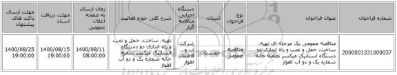 مناقصه عمومی یک مرحله ای تهیه، ساخت، حمل و نصب و راه اندازی دو دستگاه استاتیک میکسر تصفیه خانه شماره یک و دو آب اهواز 