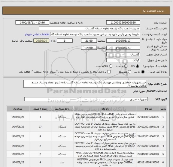 استعلام خریدتجهیزات حفاظتی ونظارتی موردنیاز بانک توسعه تعاون استان گلستان(به شرح  تعداد ومتریال مندرج درفایل پیوست)