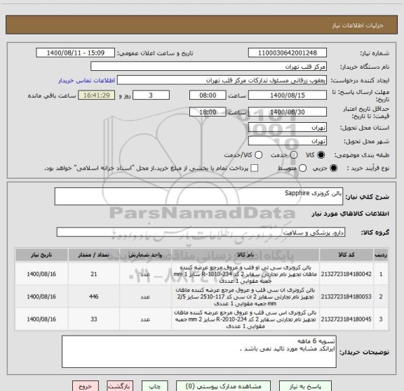 استعلام بالن کرونری Sapphire