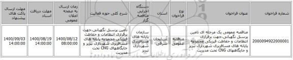 مناقصه عمومی یک مرحله ای تامین پرسنل نگهبانی،جهت برقراری انتظامات و حفاظت فیزیکی مجموعه پایانه های مسافربری شهرداری تبریز و جایگاههای CNG تحت  مدیریت