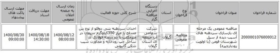 مناقصه عمومی یک مرحله ای بازسازی سردهنه های آسیب دیده از سیل شهرستان فومن (با اولویت رودبارچیره)