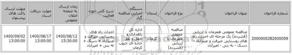 مناقصه عمومی همزمان با ارزیابی (فشرده) یک مرحله ای احداث راه های روستایی جیرفت و عنبرآباد - دسک - نه بنی - امیرآباد