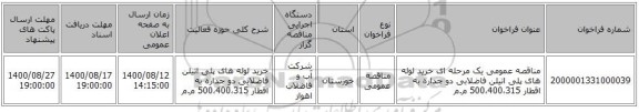 مناقصه عمومی یک مرحله ای خرید لوله های پلی اتیلن فاضلابی دو جداره به اقطار 500،400،315 م.م 