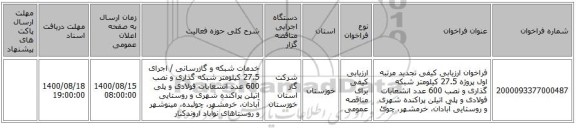 فراخوان ارزیابی کیفی تجدید مرتبه اول پروژه 27.5 کیلومتر شبکه گذاری و نصب 600 عدد انشعابات فولادی و پلی اتیلن پراکنده شهری و روستایی آبادان، خرمشهر، چوئ