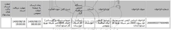 فراخوان ارزیابی کیفی تجدید مرتبه اول پروژه 2600 متر شبکه توزیع گاز صنایع آبادان