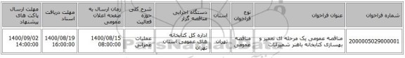 مناقصه عمومی یک مرحله ای تعمیر و بهسازی کتابخانه باهنر شمیرانات  