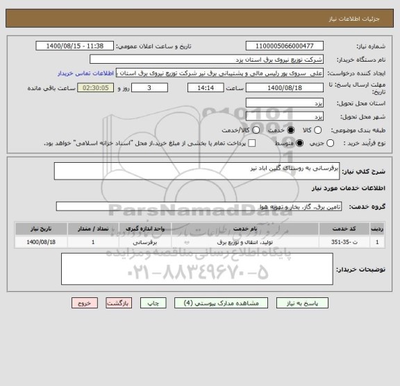 استعلام برقرسانی به روستای گلین اباد نیر 