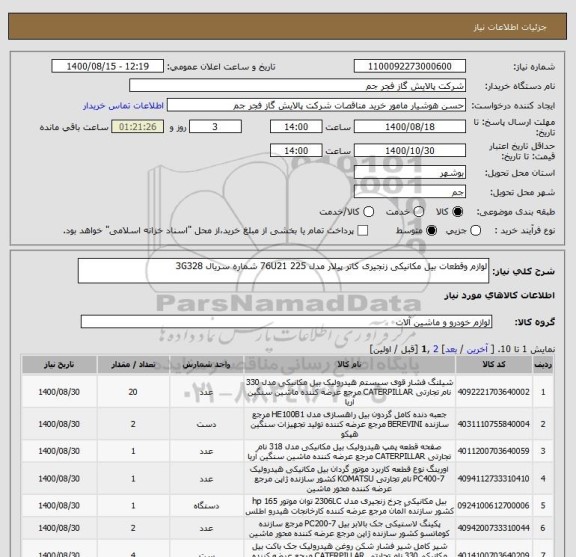 استعلام لوازم وقطعات بیل مکانیکی زنجیری کاتر پیلار مدل 76U21 225 شماره سریال 3G328