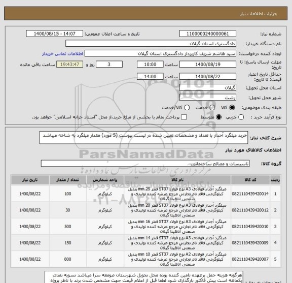 استعلام خرید میلگرد آجدار با تعداد و مشخصات تعیین شده در لیست پیوست (5 مورد) مقدار میلگرد به شاخه میباشد