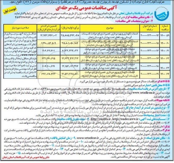 مناقصه، مناقصه خدمات نگهداری و بهره برداری، تعمیرات و رفع حوادث تاسیسات آبرسانی روستاهای 