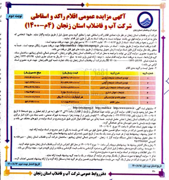 مزایده عمومی، مزایده عمومی فروش تعدادی اقلام راکد و اسقاطی - نوبت دوم