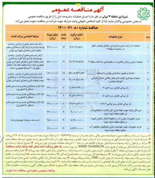 مناقصه ،مناقصه عملیات باز زنده سازی و بازپیرایی خیابان