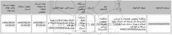 مناقصه عمومی همزمان با ارزیابی (فشرده) یک مرحله ای اجرای پروژه اصلاح و بهینه سازی تفت(پایداری شبکه و رفع افت ولتاژدهبالا)1400/134/603