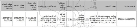 مناقصه عمومی همزمان با ارزیابی (فشرده) یک مرحله ای اجرای پروژه تامین روشنایی معابر اصلی فاز دو شهرستان بافق 1400/135/603